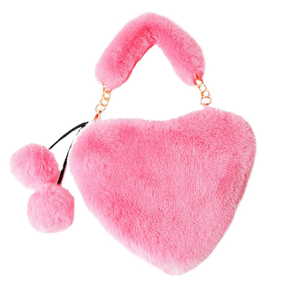 Bolsa De Pelúcia Feminina Em Forma De Coração Corrente Com Pingente De Bola Pequena Fofa