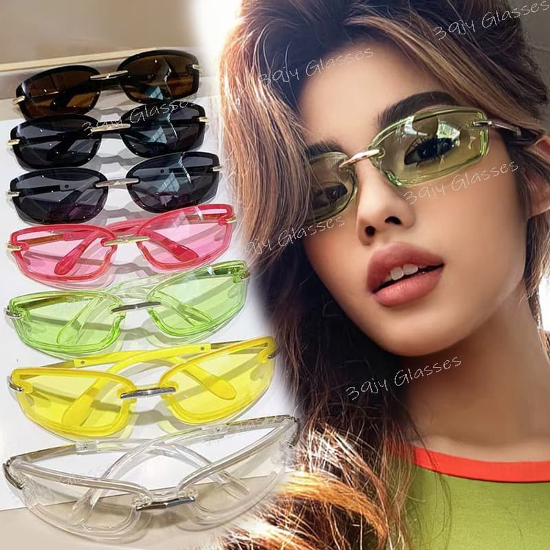 Óculos de Sol Quadrados Coloridos Y2K Estilo Dopamina Sem Armação para Mulheres e Homens, Estilo Curvo para Ciclismo ao