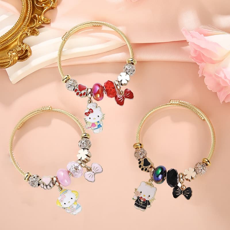 Pulseira de aço inoxidável com pingente de laço, estilo feminino, desenho animado, Hello Kitty, charmosa KFKS