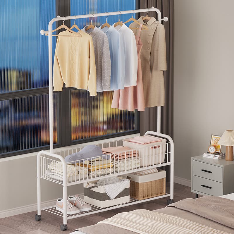 Rack de casaco simples quarto móvel chão estilo negrito cabide pendurado saco rack com cesta rack de secagem Cross-Borde