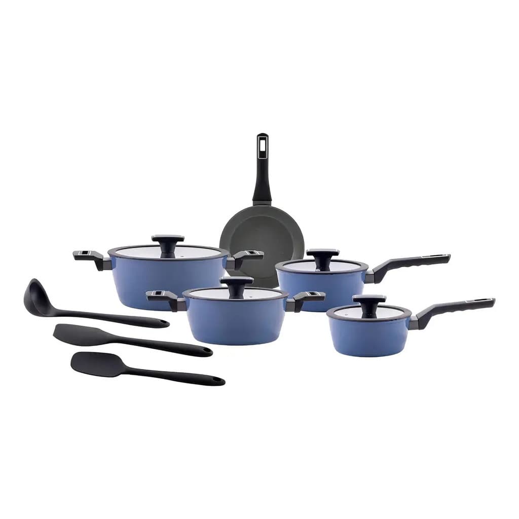 Jogo De Panelas Brinox Ceramic Azul 8 Peças Carbon Indução