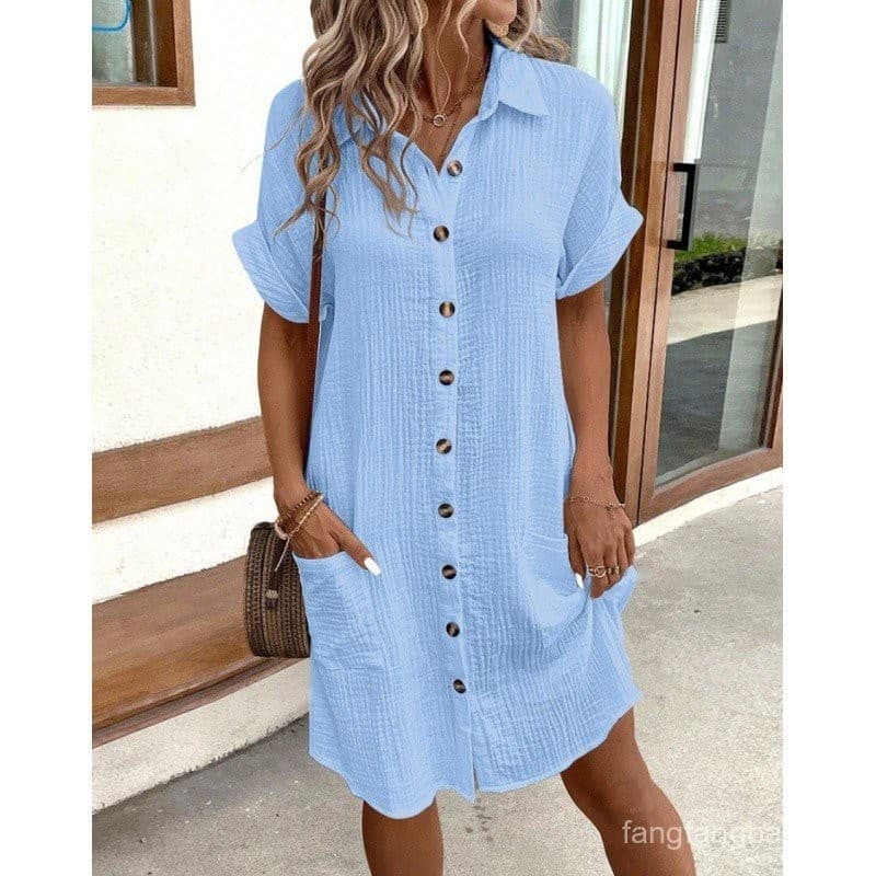 Camisa Casual De Cor Sólida Com Vestido De Manga Curta Decote Em V .