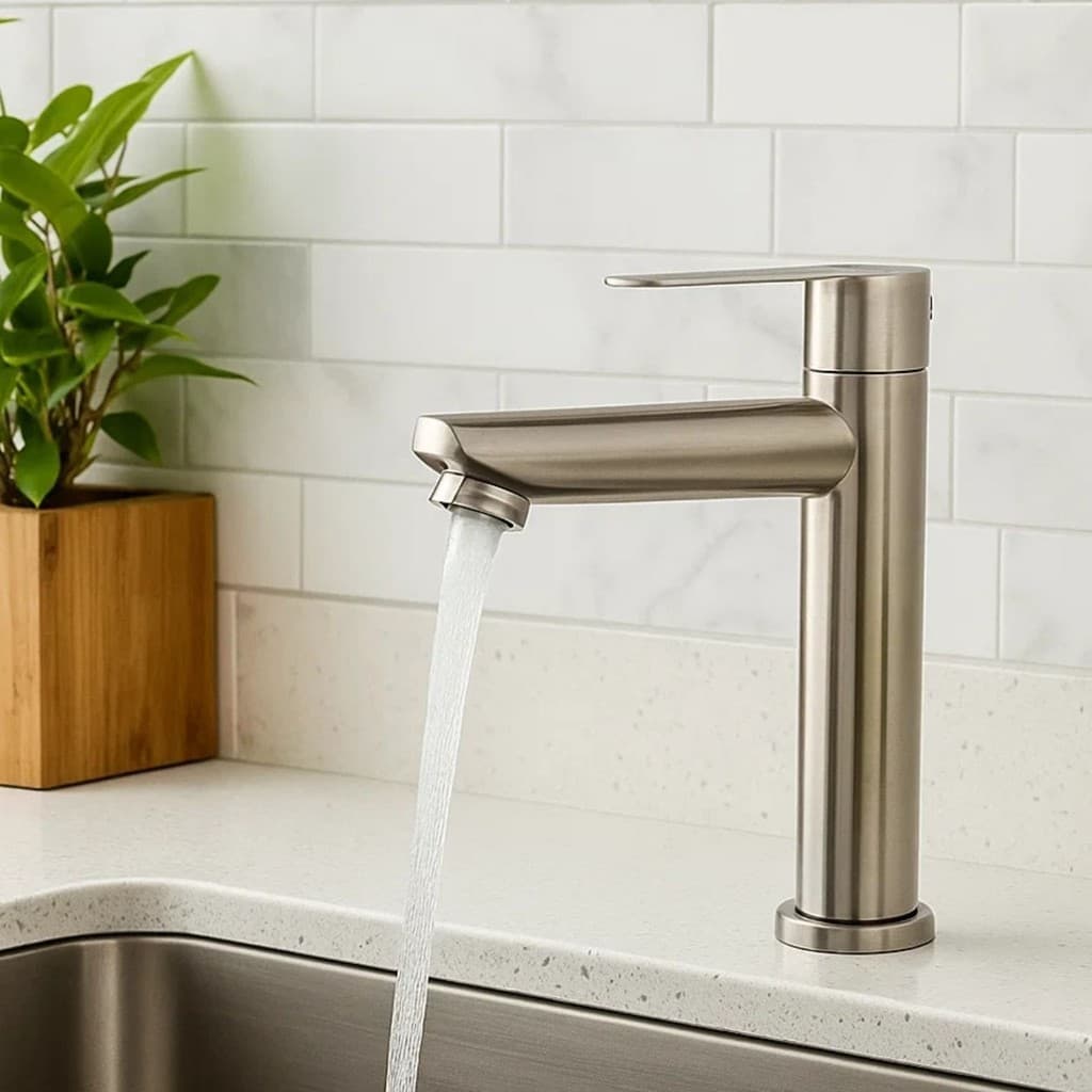 Torneira Inox de Mesa para Banheiro Lavabo  Aço Escovado Moderna  Retrô Premium
