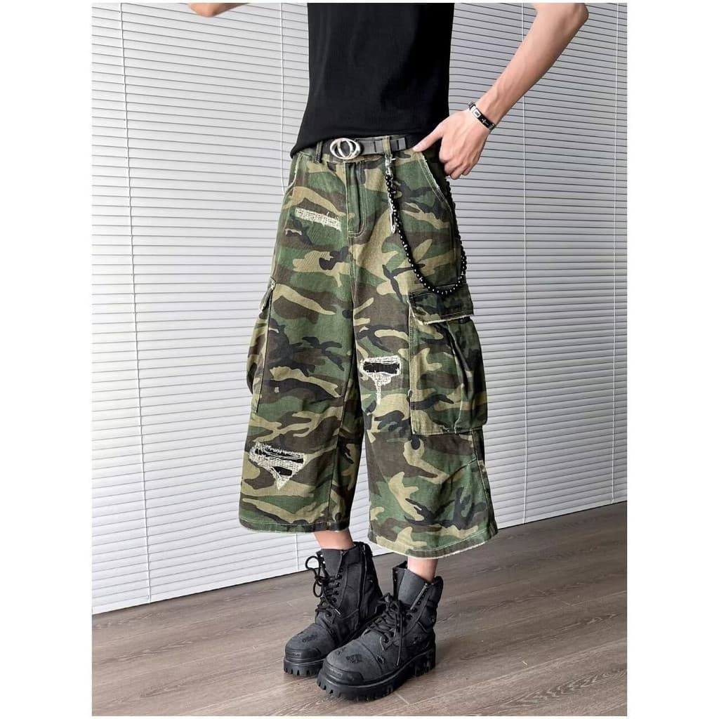 Shorts de Denim Cargo Multi-Bolsos Estilo Americano Camuflado Rasgado para Homens, Calças Capri Largas e Casuais OSXU