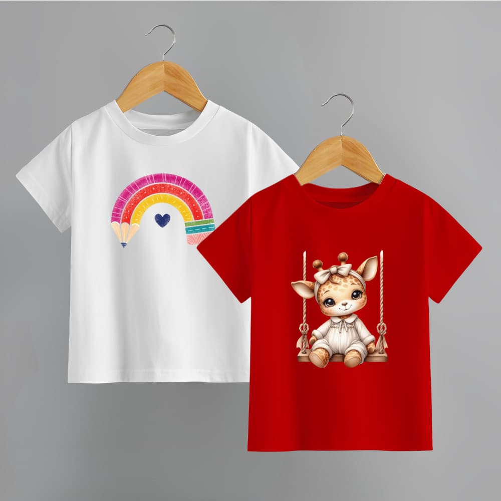 Kit com 2 Camisetas Infantil Menina Girafa no Balanço e Arco íris Lapis Blusa 100% Algodão