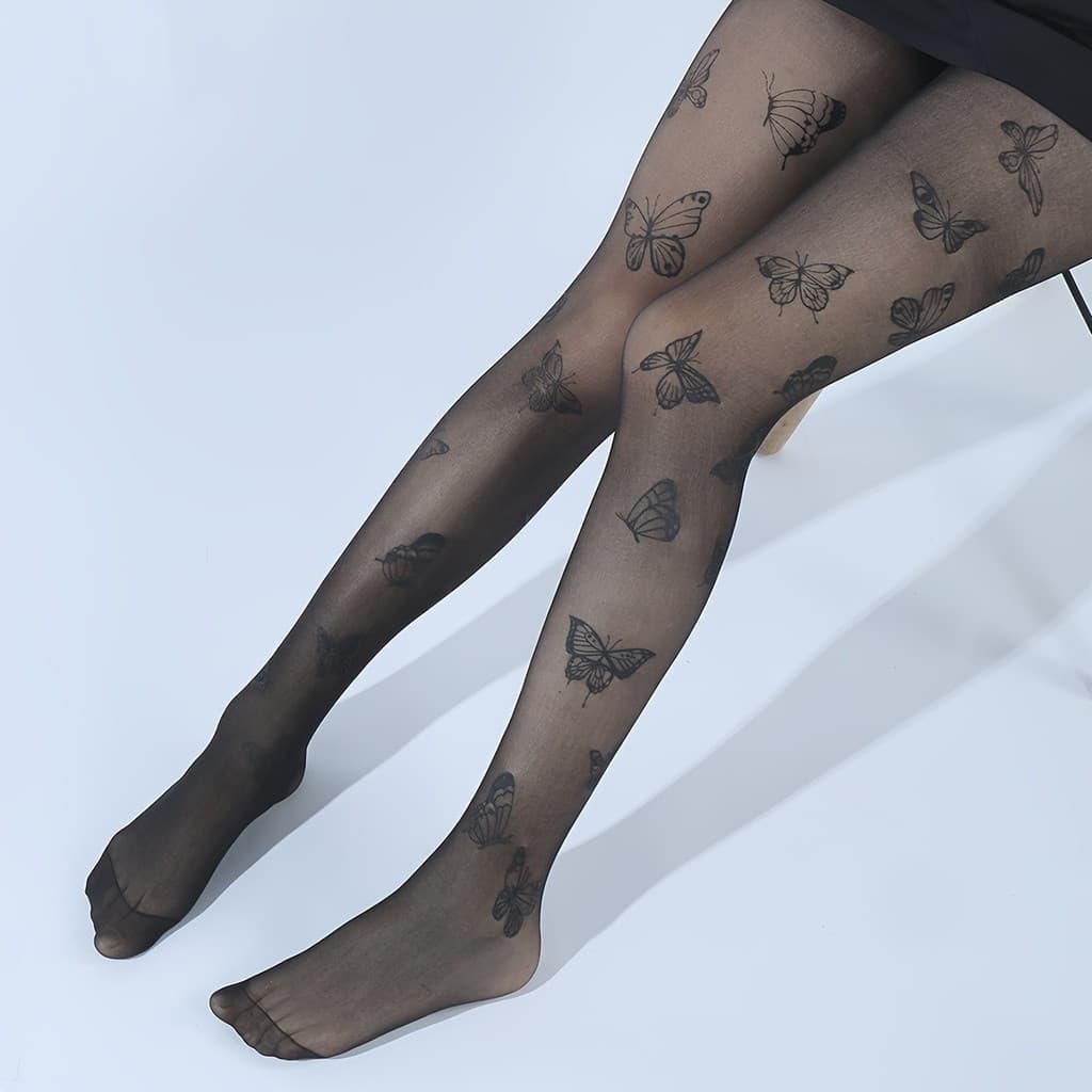 Meia-calça com Padrão de Borboleta, Meia-calça Semi-Transparente de Cintura Alta, Meias e Artigos de Malha para Mulheres