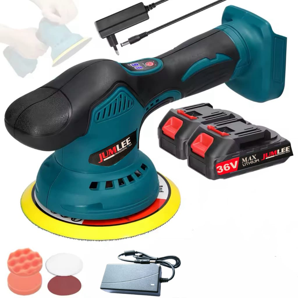 Politriz Orbital 36V Brushless A Bateria Com 2 Baterias Sem Fio Com Kit Boinas E Discos Automotivo