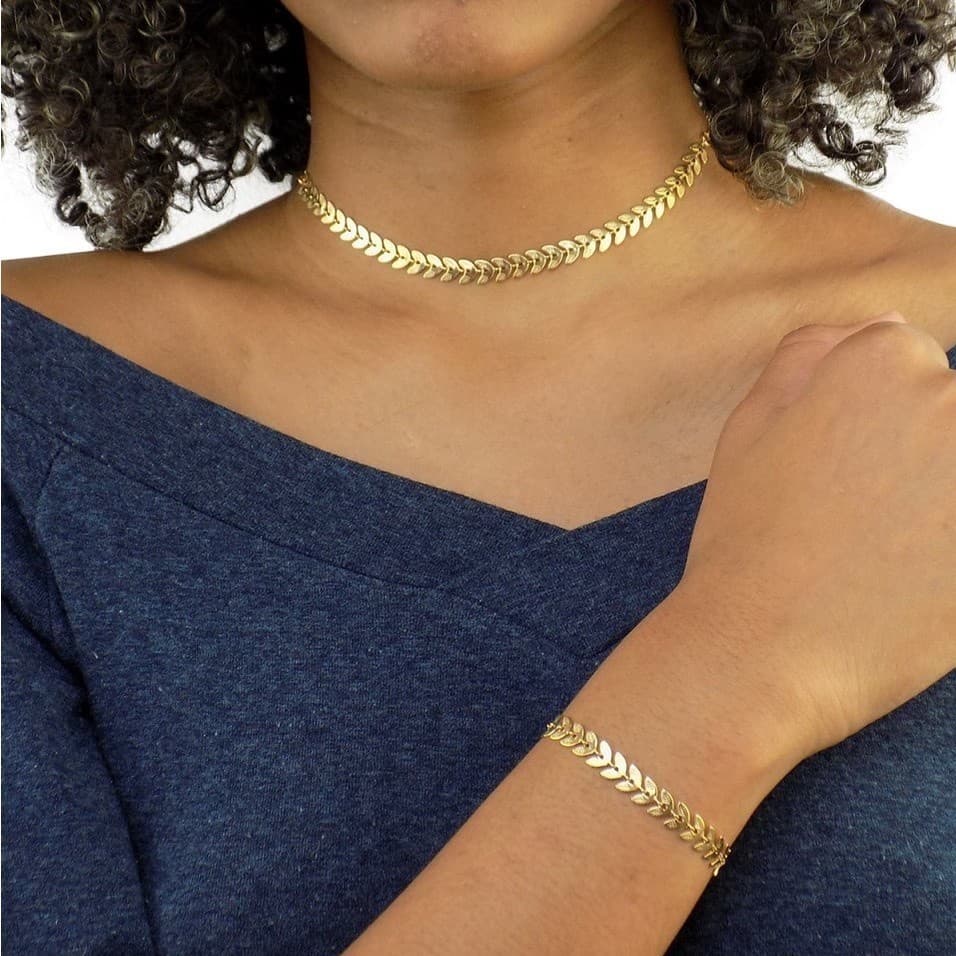 Kit Conjunto Colar Choker E Pulseira Escama De Peixe Folheado A Ouro 18k Com Garantia De 1 Ano