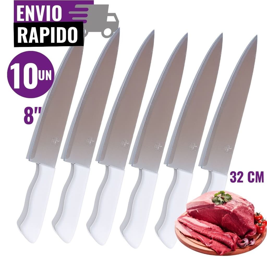 Kit 10 Facas Peixeira 8" Inox 32cm Cabo Ergonômico Branco Corte Afiado do Chef Profissional