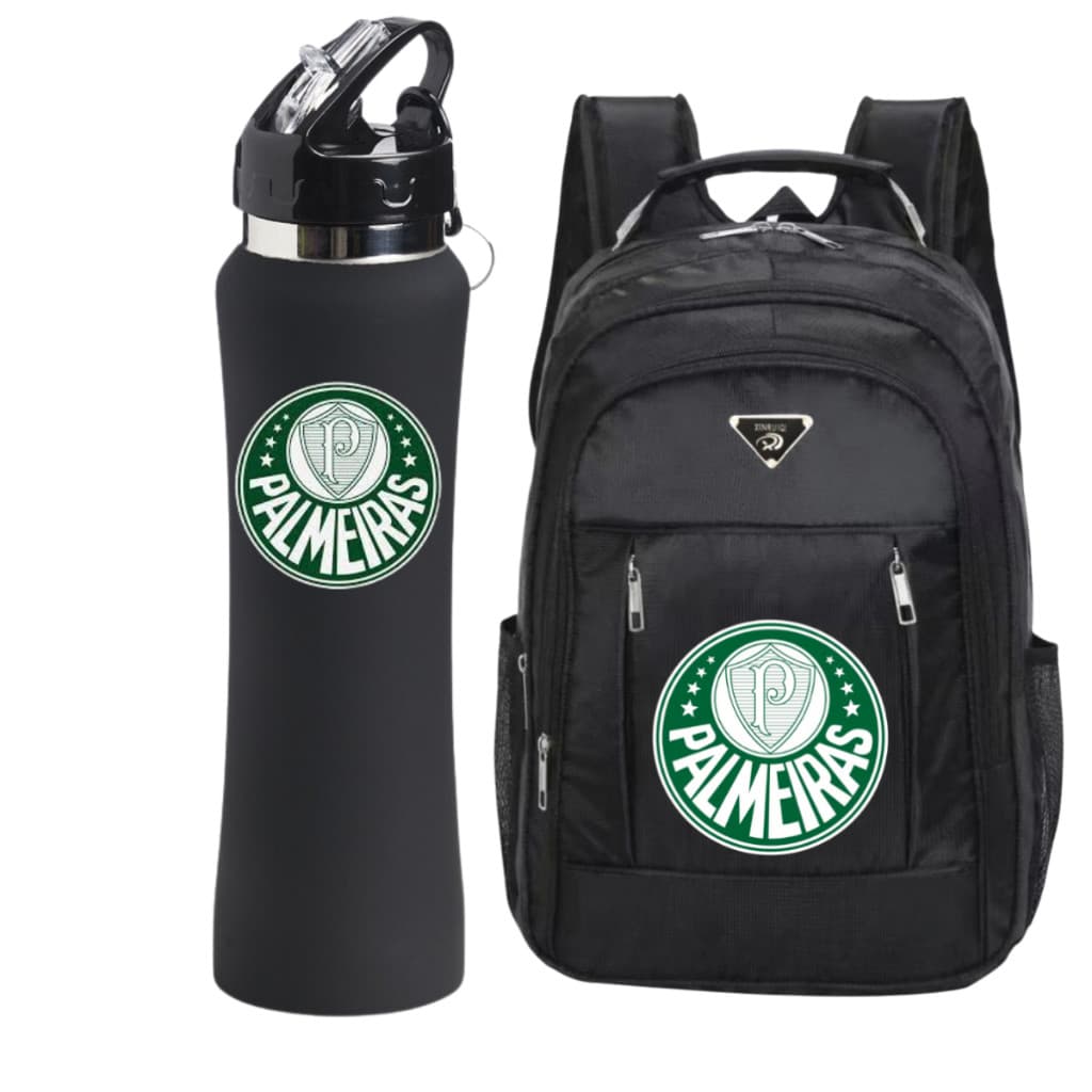 Mochila Bolsa barata Time palmeiras e Garrafa Squeeze Térmica De Água 600ML Bico  Academia/Escola