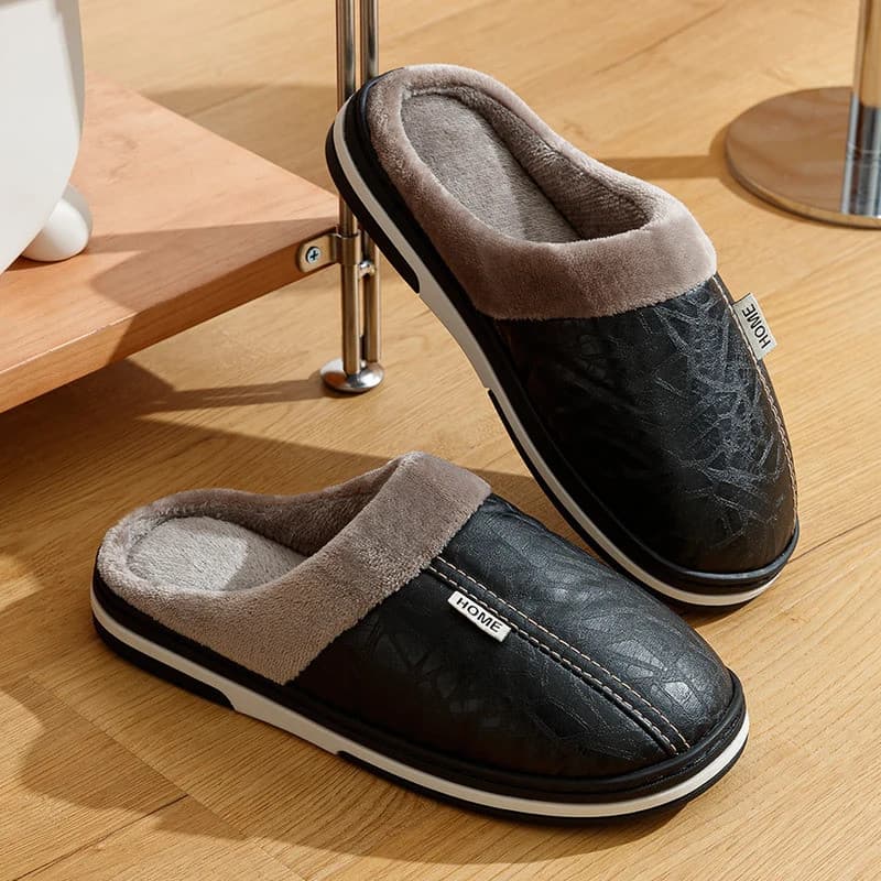Chinelos Masculinos De Inverno De Couro PU À Prova D'água Para Casa Interna Sapatos Tamanho Grande Forrados De Pele Quen