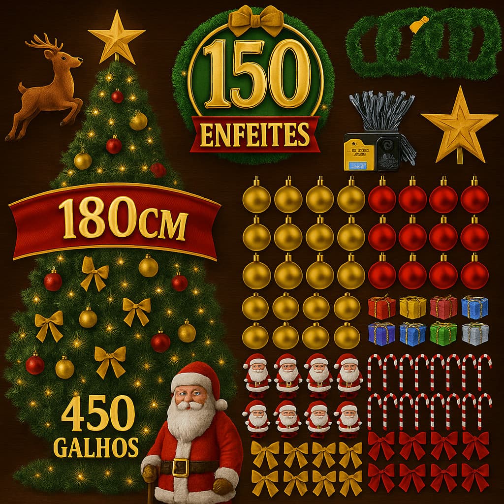 Árvore de Natal 1,80m Verde Pé de Ferro 400 Galhos Luxo C/150 Enfeites