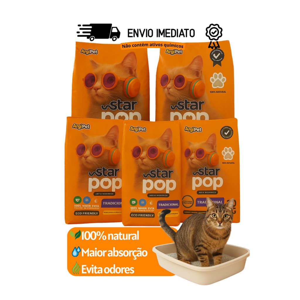 Granulado Sanitário para Star Pop Tradicional 20kg – 100% Natural, Alta Absorção, Evita Odores