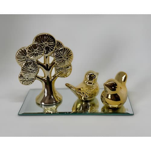 Kit Decoração Bandeja Espelhada com Ornamentos Arvore e Passarinhos Dourado