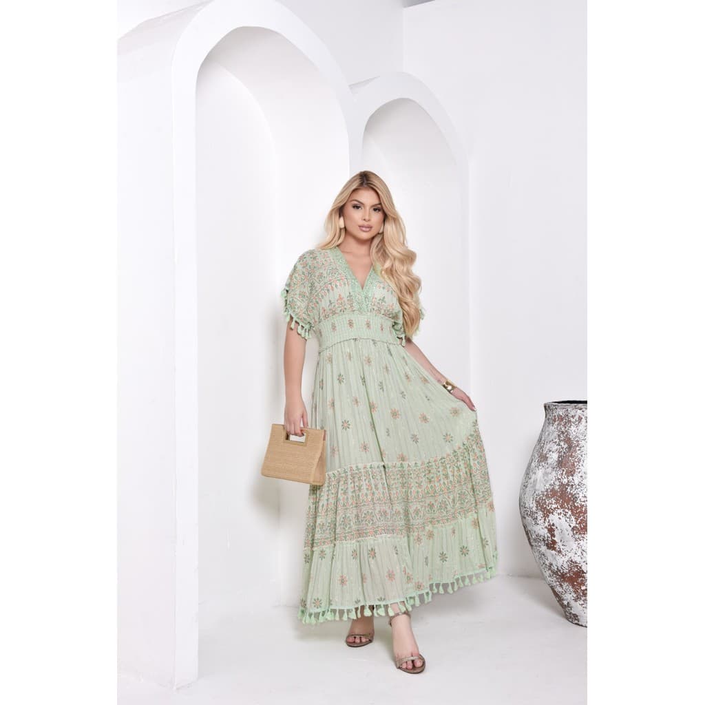 Vestido Longo Indiano Lurex Estampado Boho