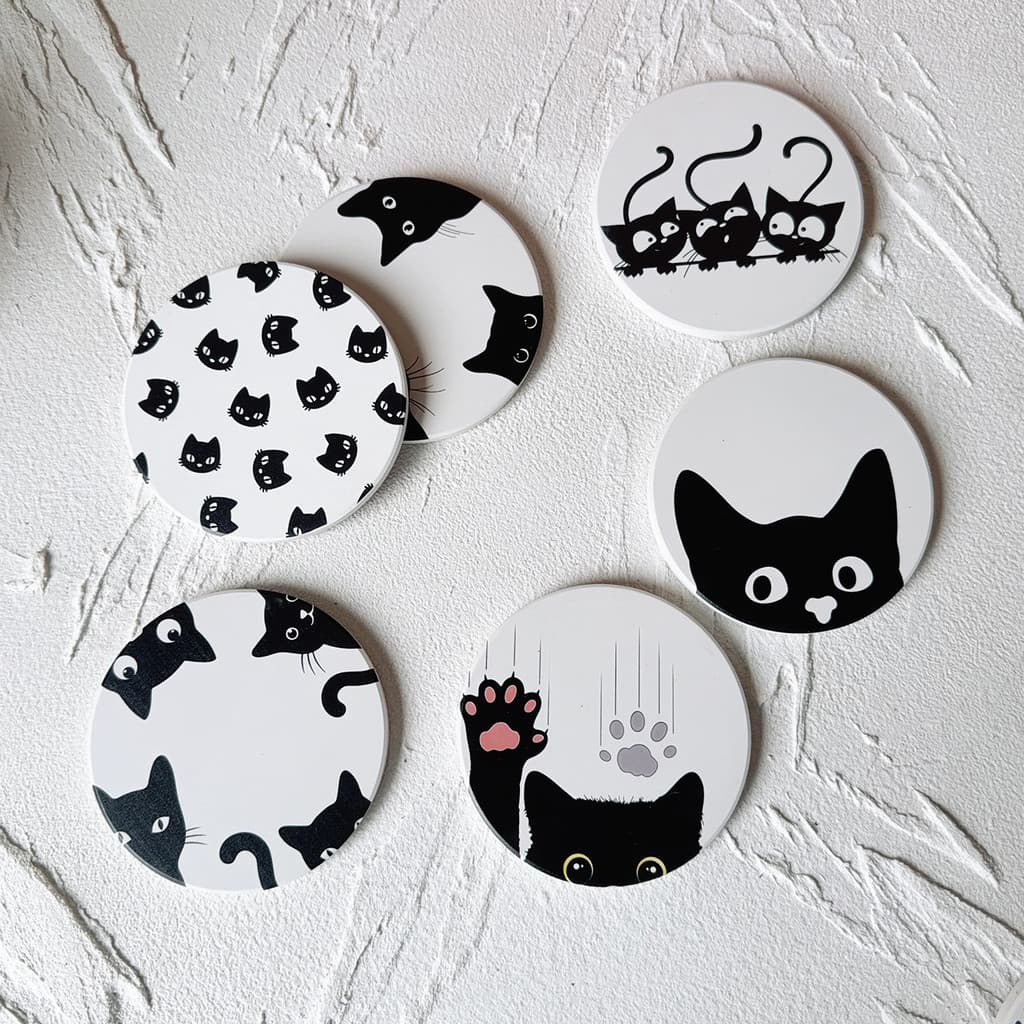 Cross-Border venda quente preto branco dos desenhos animados gato cerâmica absorvente de água coaster caneca redonda coa