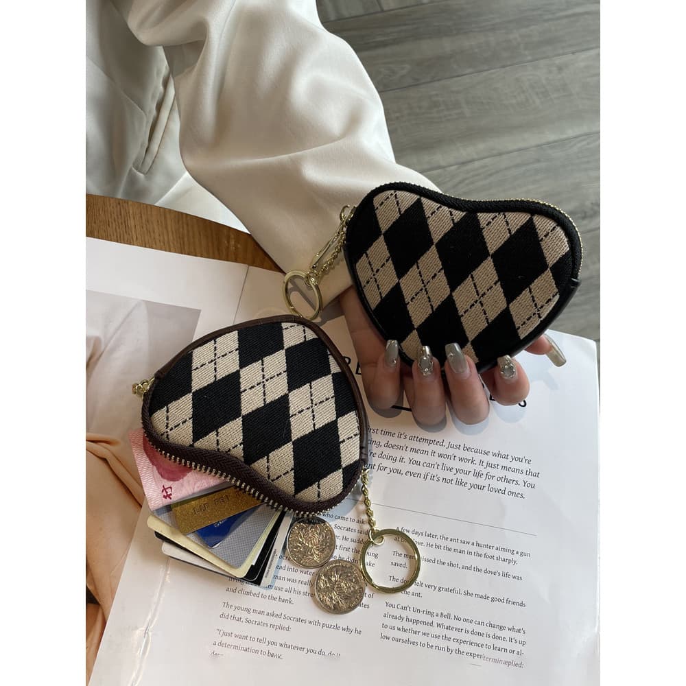 Estilo japonês coreano Mini amor coração moeda bolsa zíper xadrez moeda saco titular do cartão saco de armazenamento cha