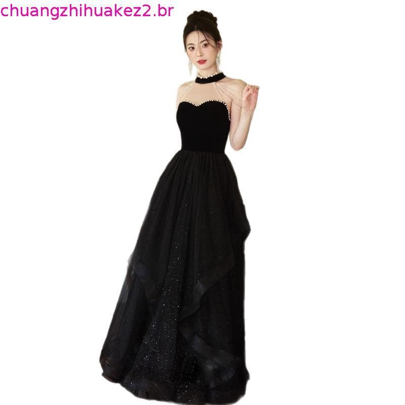 Vestido de noite preto saia 2026 high-end luz luxo nicho banquete high-end bonito anfitrião presente adulto feminino