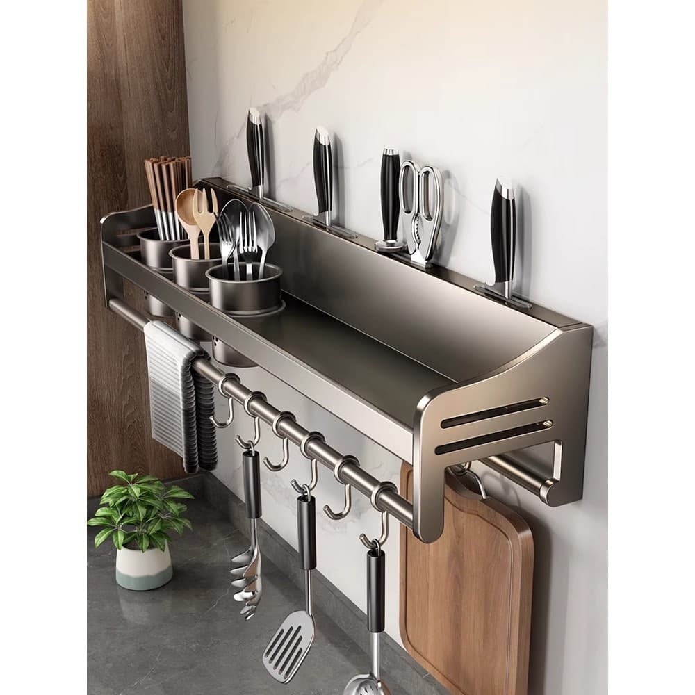 Estilo japonês rack de cozinha de aço inoxidável fixado na parede sem perfuração faca cabide tempero multifuncional pauz