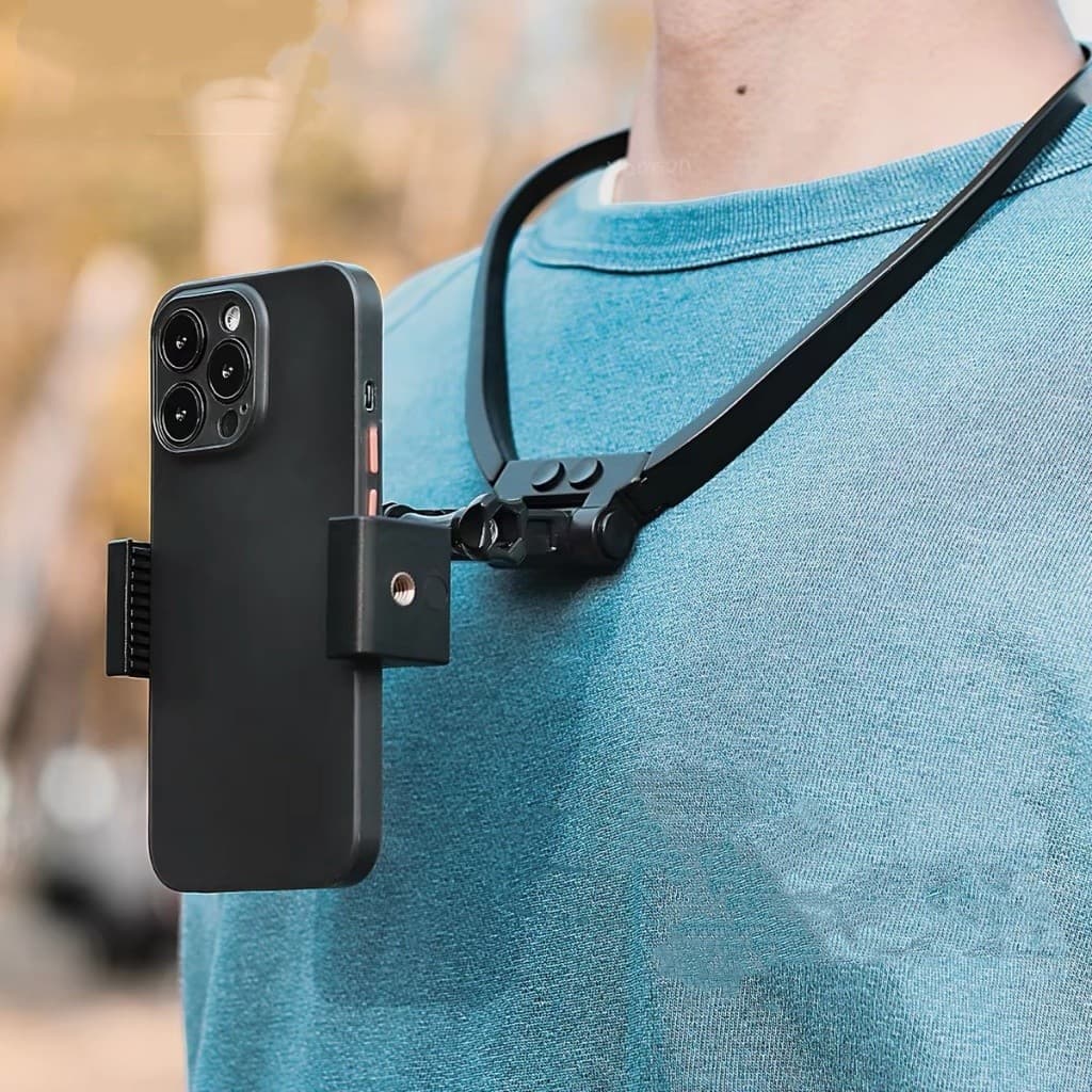 Suporte de Pescoço Esticável com Rotação de 360°, compatível com celular e câmera de ação