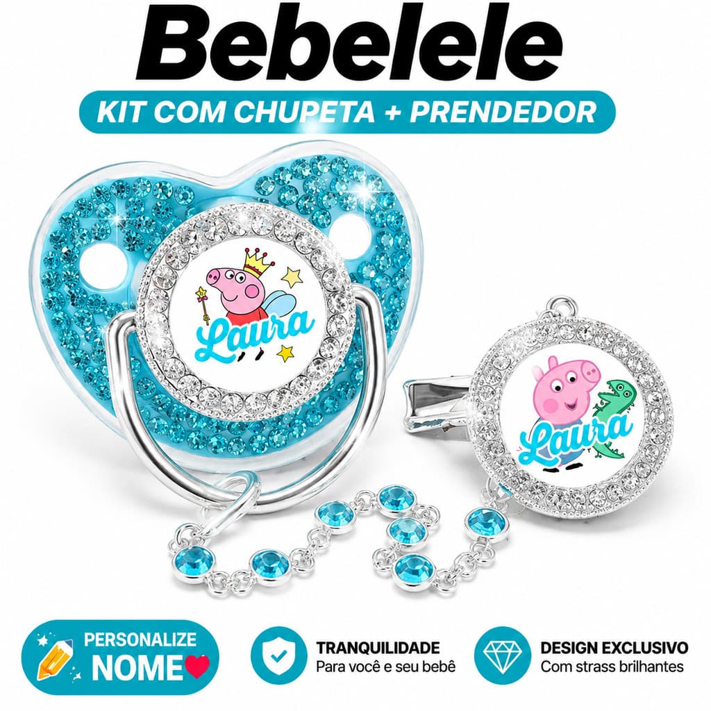 Chupeta de bebê com diamante azul, inclui prendedor de chupeta, nome e foto personalizados