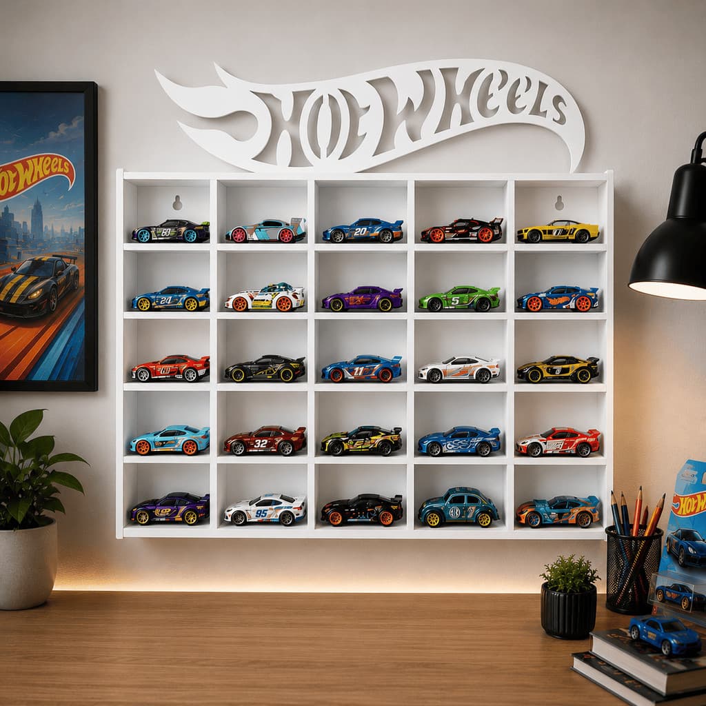 Lançamento Expositor Branco para 25 Carrinhos Hot Wheels | Organizador MDF Colecionador