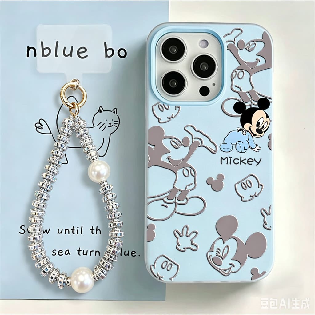 Kit Pulseira Pingente Strass Pérola Inclusa Capa Capinha Para iPhone 17 Air 16 15 14 Plus 13 12 11 Pro Max 2 Em 1 Mickiy