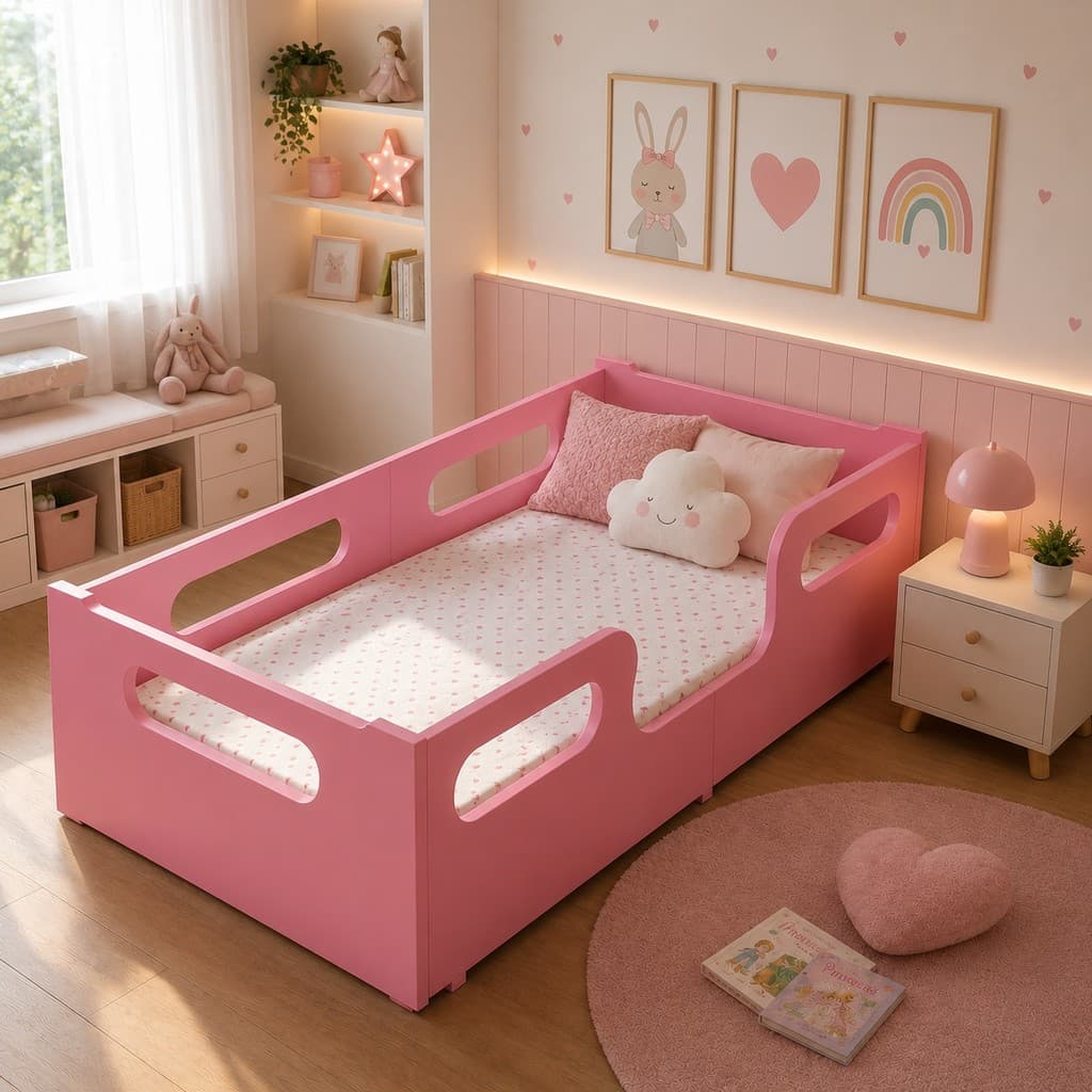 Cama Encanto Montessoriana Infantil Rosa + Colchão Grade De Proteção Confortável MDF