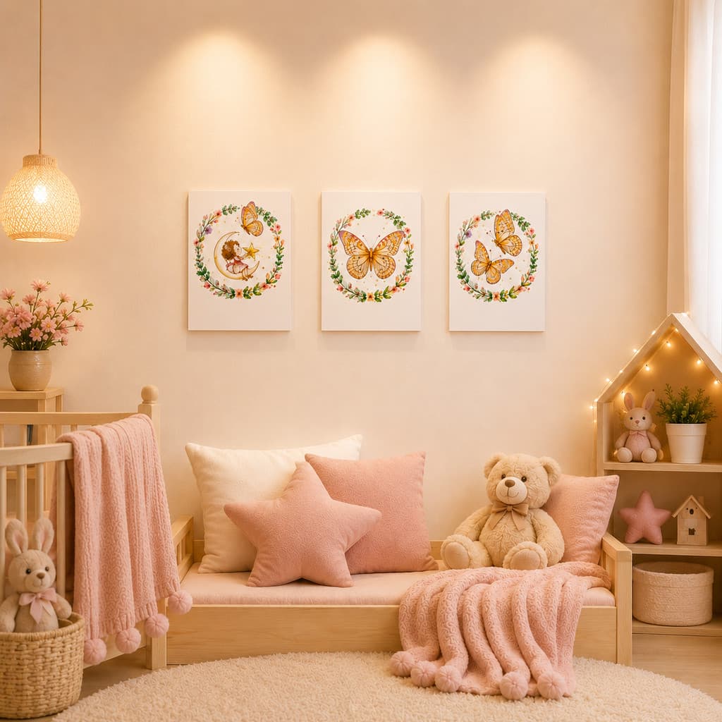 Kit 3 Quadros Decorativos Auto Colante Infantil Borboleta Floral Quarto Bebê Menina Decoração Parede