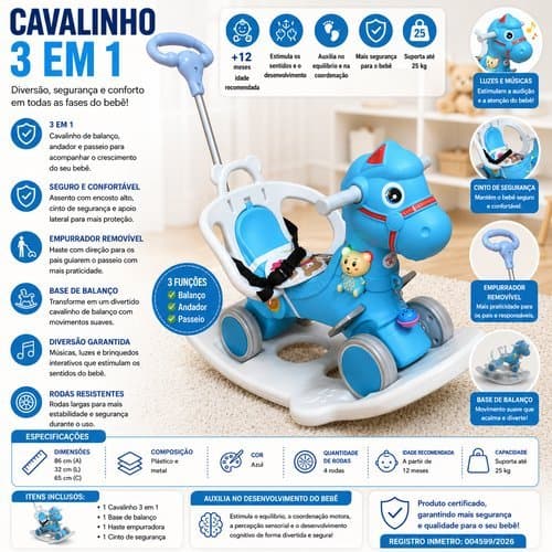 Bebe Cavalinho Divertido 3 Em 1 Balanço Luz Sons Empurrador Infantil Azul