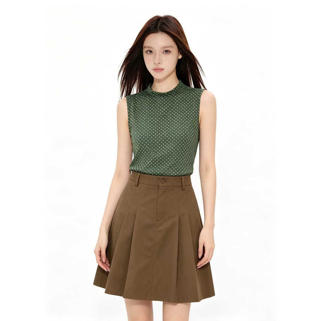 VERUMI verde Polka Dot sem mangas colete superior feminino cintura alta a linha saia única bonito início do verão terno