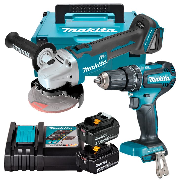 Parafusadeira 1/2" DHP485 + Esmerilhadeira 5" DGA504Z + Bateria 18V 3Ah + Bateria 5Ah + Carregador + Maleta Makita