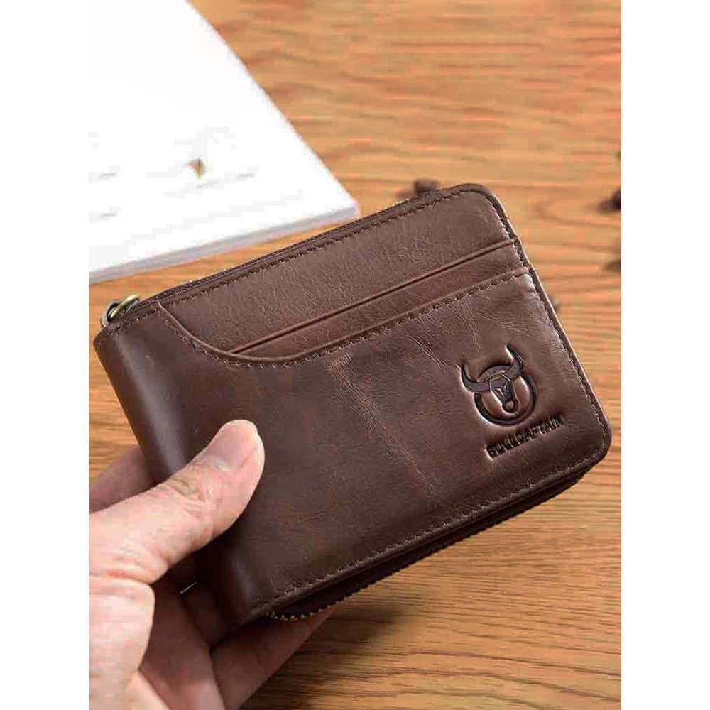 Capitão Niu Carteira Masculina Curta de Couro Genuíno Primeira Camada Carteira com Zíper Carteira de Motorista Porta Car