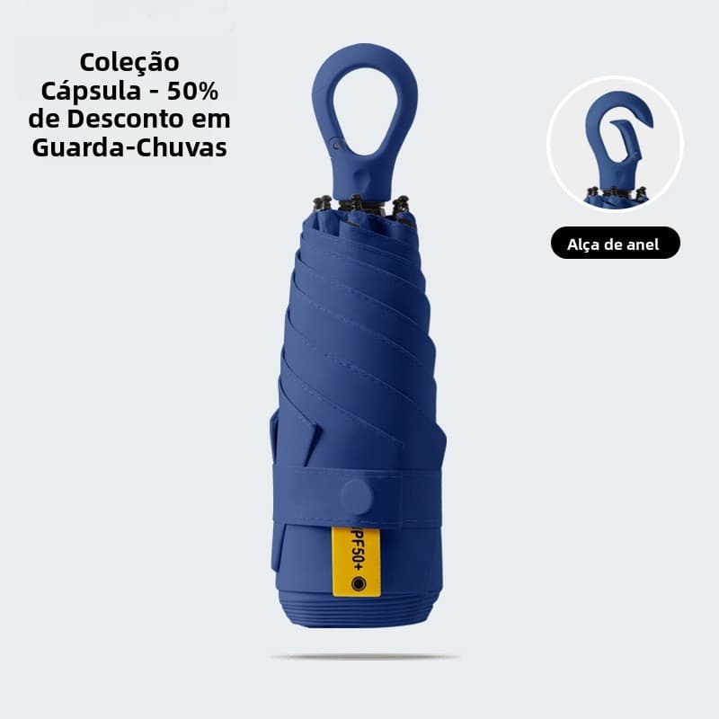Guarda-chuva feminino RJ7R com alça em anel, revestimento preto, proteção solar, cor sólida, dobrável em cinco partes, p