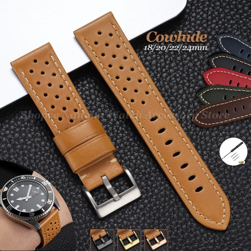 Pulseira De Relógio De Couro Genuíno Premium 18mm 20mm 22mm 24mm Poroso Respirável Universal Vintage Masculino Feminino