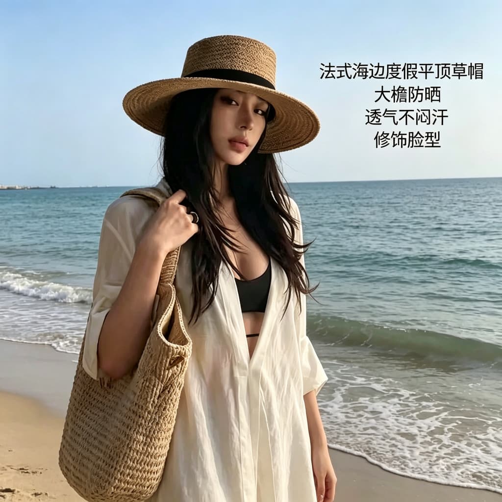 Estilo de dinheiro antigo circunferência da cabeça grande chapéu de palha de topo plano feminino verão férias estilo bei