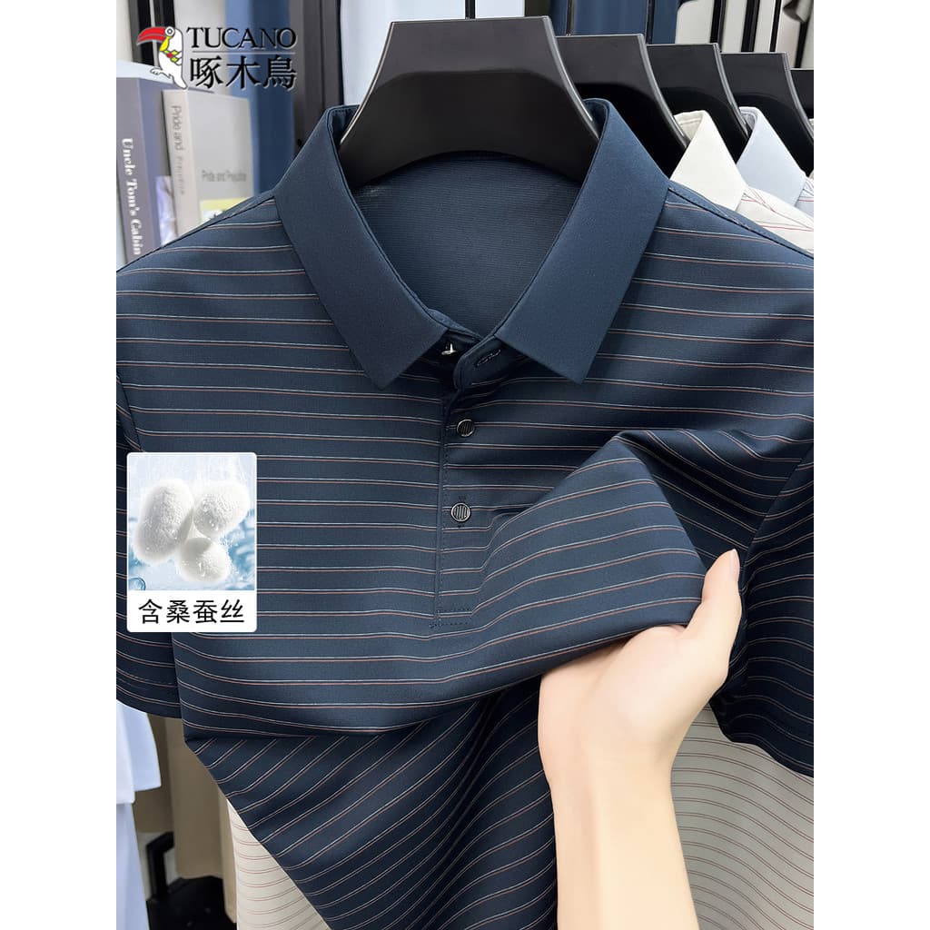 Woodpecker Mulberry Silk Lapela POLO Camisa Masculina Manga Curta Casual Listrada Respirável Meia-Idade El