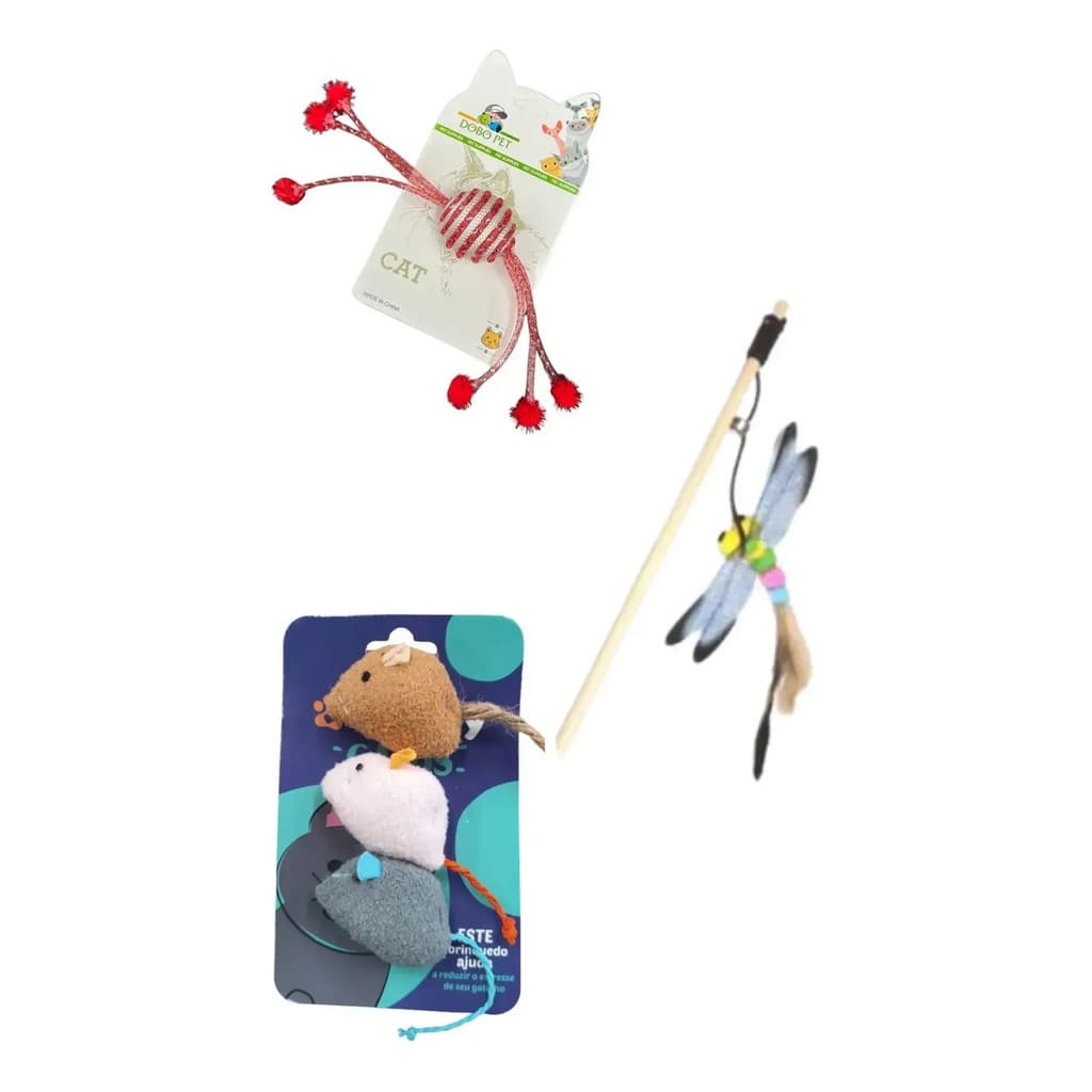 Kit Brinquedo Gato 3pç Rato Bola Varinha Interativo Pet