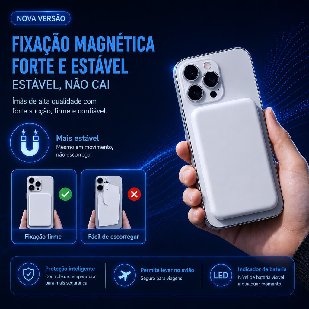 Carregador Sem Fio Magsafe 15W Rápido Bateria 10000mAh Design Ultra Fino para iPhone 12 13 14 15 16 17