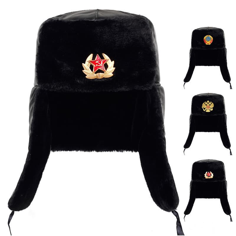 Emblema Militar Do Exército Soviético Rússia Ushanka Bombardeiro Chapéus Piloto Trapper trooper Chapéu Inverno Falso Pel