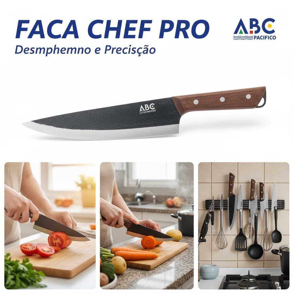 Faca Chef Forjada Premium Lâmina Aço Inox Cabo de Madeira 8"