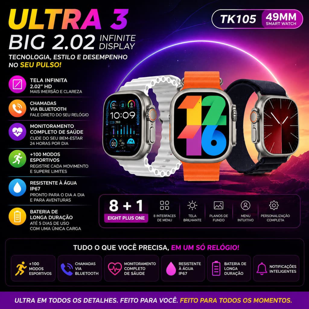 Smartwatch Ultra 3 TK105 49mm Tela 2.02 HD Bluetooth IP67 8+1 Pulseiras Kit Completo
