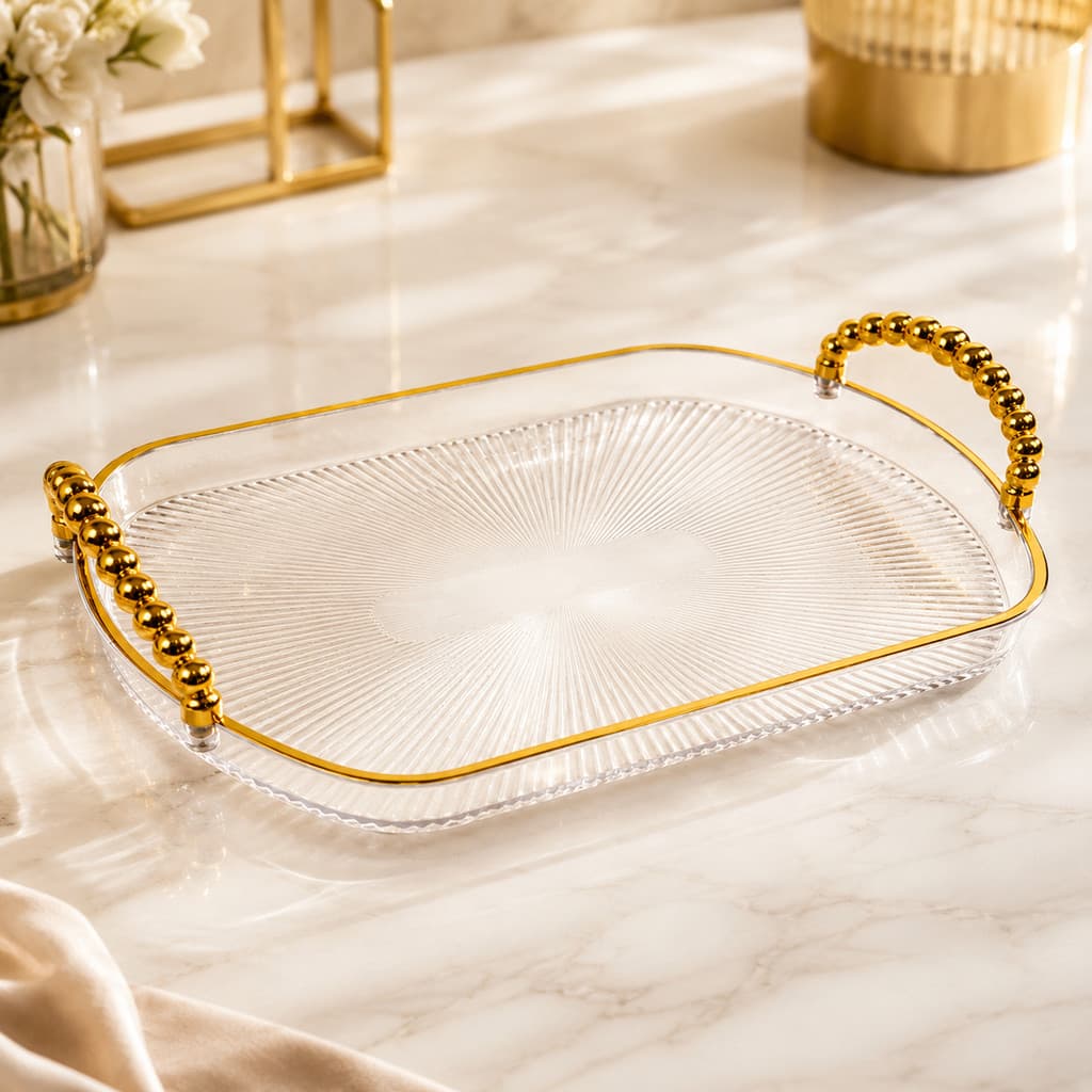 Bandeja Retangular 34x22cm Transparente com Alças Douradas Decorativa Luxo Multiuso