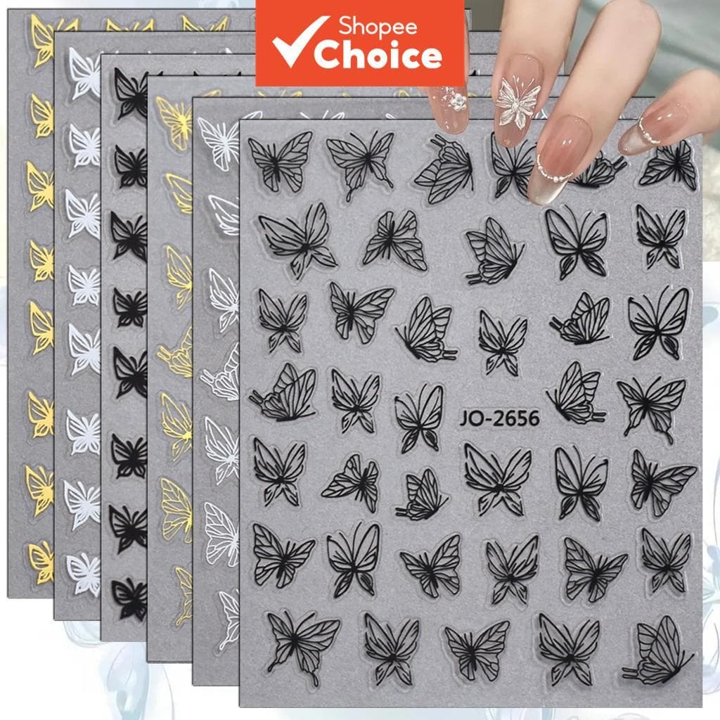 3/6/12 Folhas Adesivos de Unha Borboleta 3D em Preto, Branco e Dourado – Linhas Autoadesivas para Nail Art, Faça Você