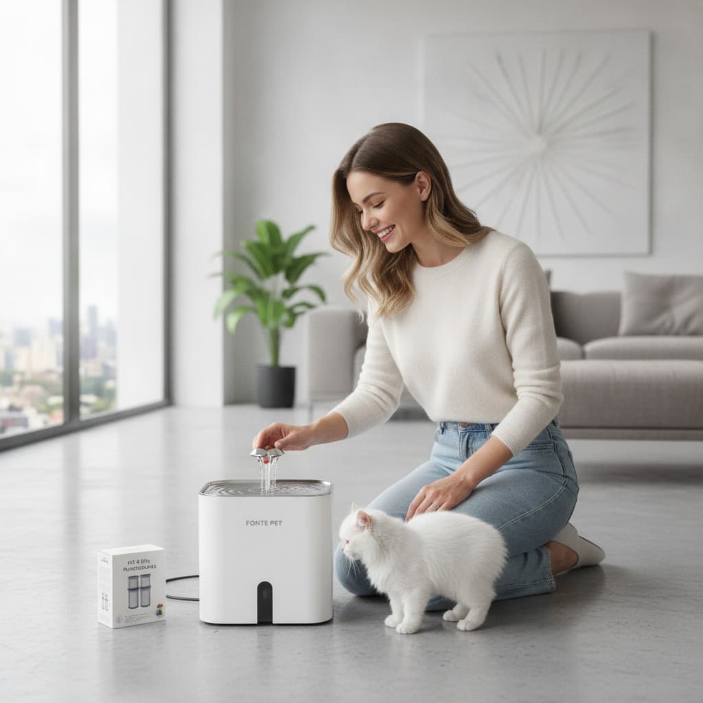 Fonte De Água Automática Em Aço Inoxidável Sem Fio Branca Para Pets + Kit 4 Refis Purificadores