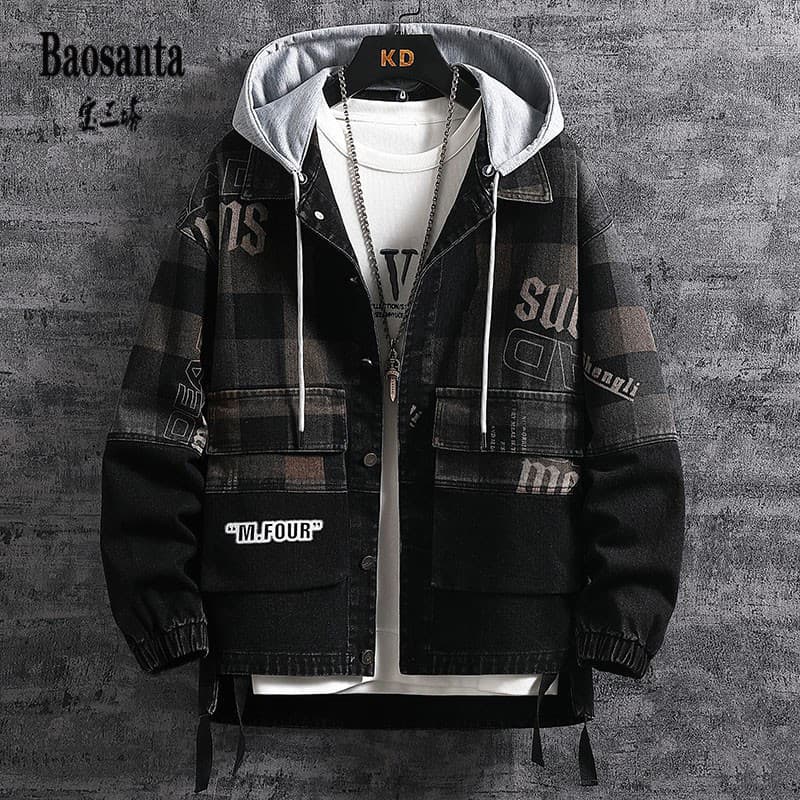Juventude Denim jaqueta masculina primavera outono na moda solto cor combinando macacão jaqueta com capuz superior forro