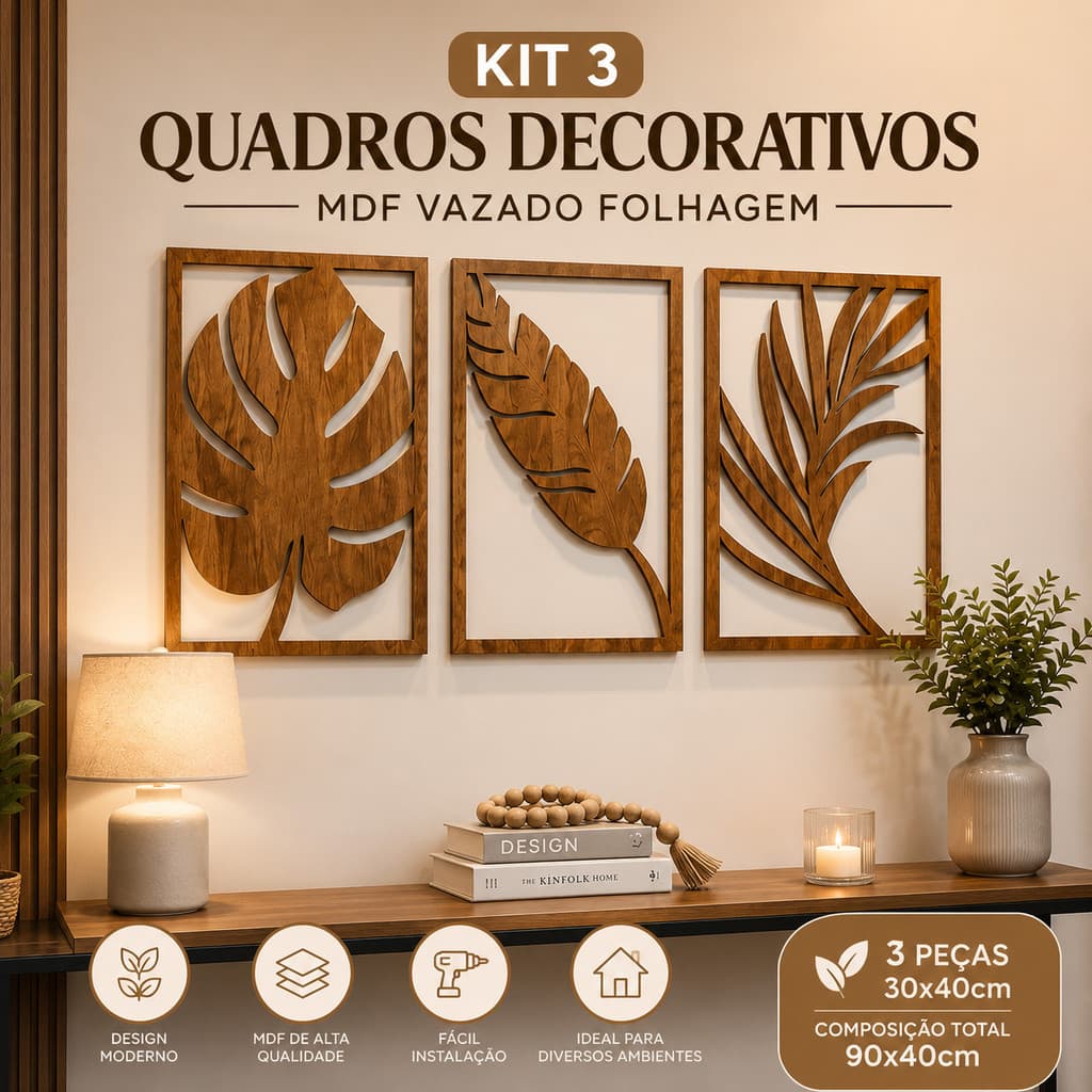 Kit 3 Quadros Decorativos MDF Vazado Folhagem para Sala, Quarto e Parede Moderna
