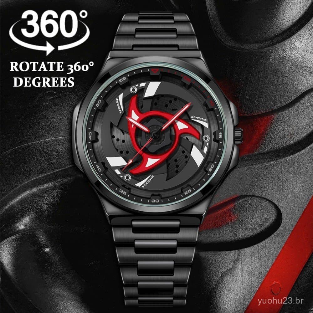 Relógio Masculino De Quartzo De Aço Preto-Moldura Giratória Elegante , Ideia De Presente Criativa Premium