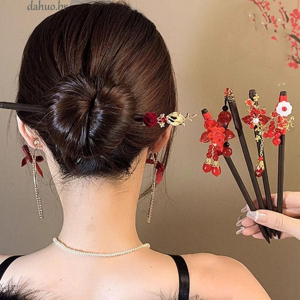 Grampo De Cabelo DAHUO Hanfu , Bastão Vermelho Com Borla , Palitos Em Garfo Para Pães Headwear