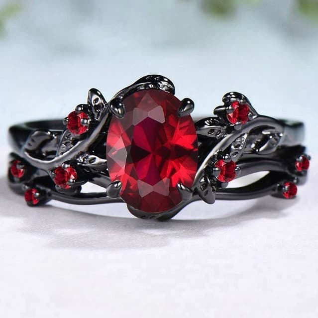 Anel Clássico de Luxo para Mulheres, Incrustado com Zircônia e Rubi, Material em Ouro Rosa Preto, Forma de Ramo de Folha